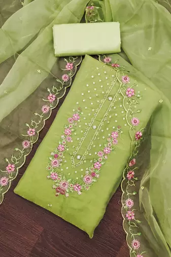 Women's light olive green embroiderd viscose golden crush dress material