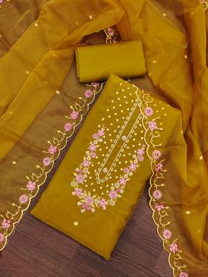Women's light green embroiderd viscose golden crush dress material 3