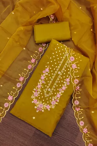 Women's light green embroiderd viscose golden crush dress material