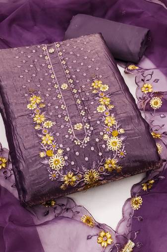 Women's purple unstitched embroiderd viscose golden crush dress material 