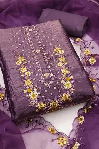 Women's purple unstitched embroiderd viscose golden crush dress material 