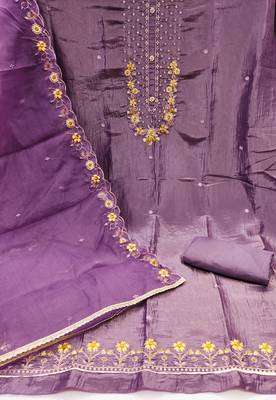 Women's purple embroiderd viscose golden crush dress material 2