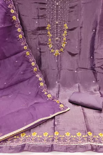 Women's purple embroiderd viscose golden crush dress material