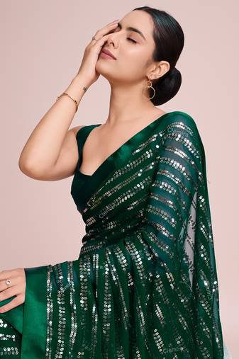 Embellished green color  bollywood georgette saree with unstiched blouse