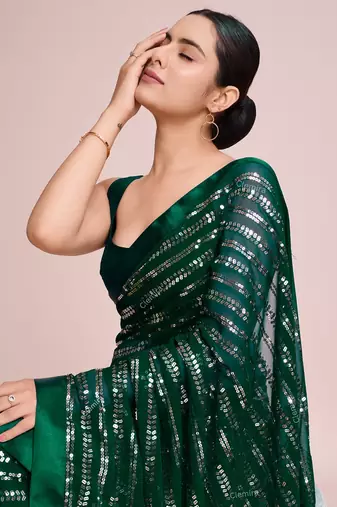 Embellished green color  bollywood georgette saree with unstiched blouse