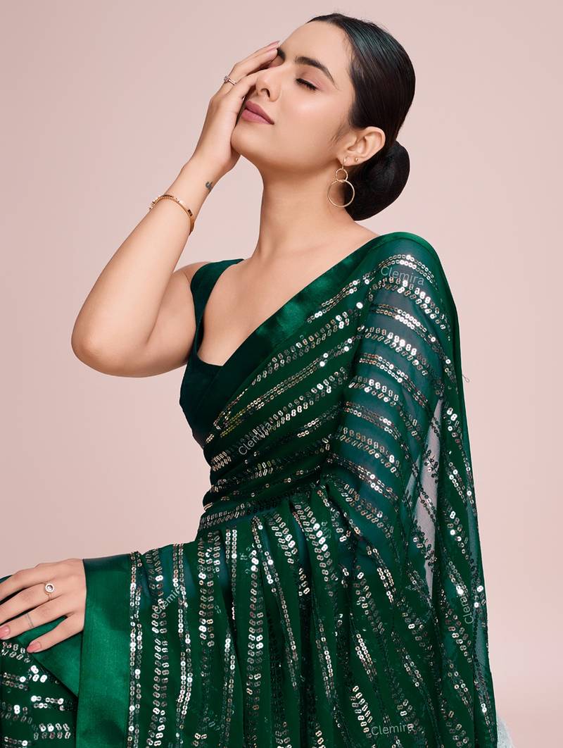 Embellished green color  bollywood georgette saree with unstiched blouse