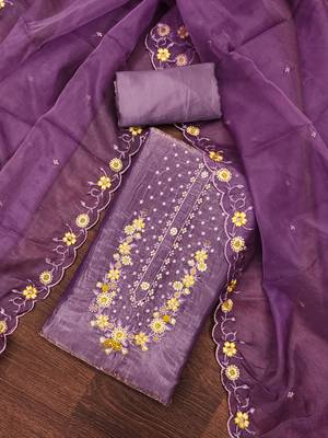 Women's purple embroiderd viscose golden crush dress material 3