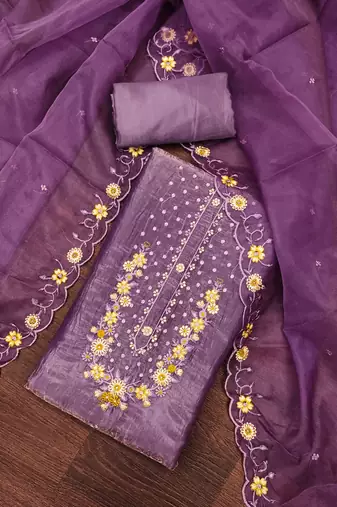 Women's purple embroiderd viscose golden crush dress material