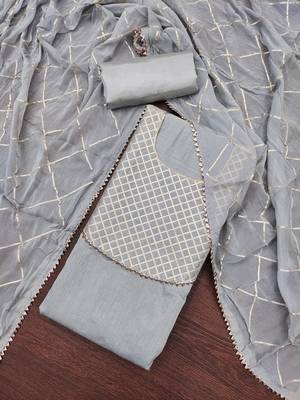 Women's grey embroiderd modal chanderi dress material 3