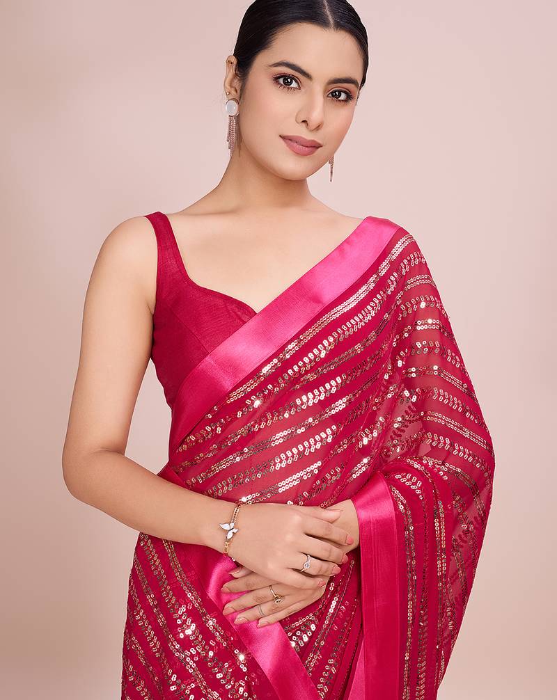 Embellished rose color  bollywood georgette saree with unstiched blouse