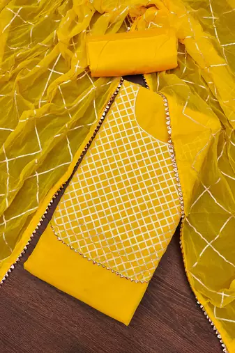 Women's yellow embroiderd modal chanderi dress material