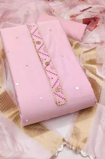 Women's pink unstitched embroiderd pure cotton silk dress material 