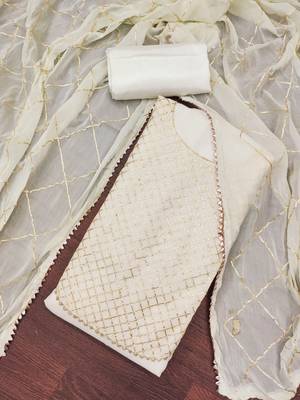Women's white embroiderd modal chanderi dress material 3