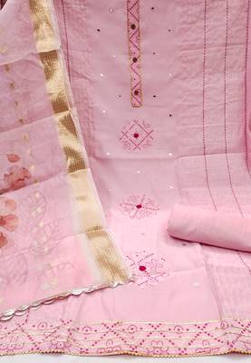 Women's pink embroiderd pure cotton silk dress material 2