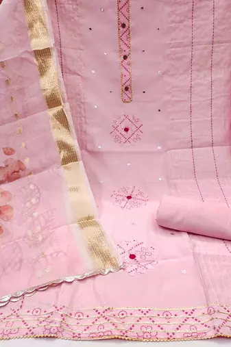Women's pink embroiderd pure cotton silk dress material