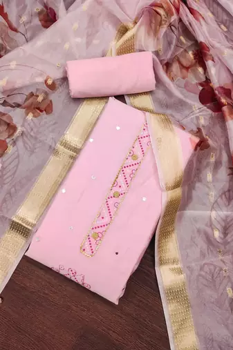 Women's pink embroiderd pure cotton silk dress material