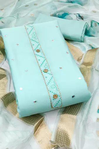 Women's sea green unstitched embroiderd pure cotton silk dress material 