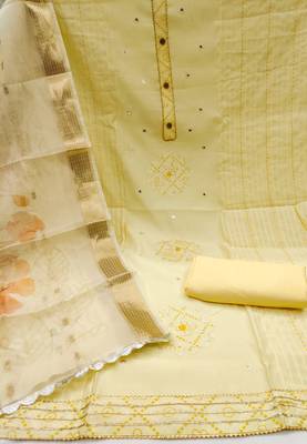 Women's light yellow embroiderd pure cotton silk dress material 2