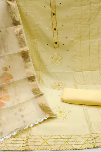 Women's light yellow embroiderd pure cotton silk dress material