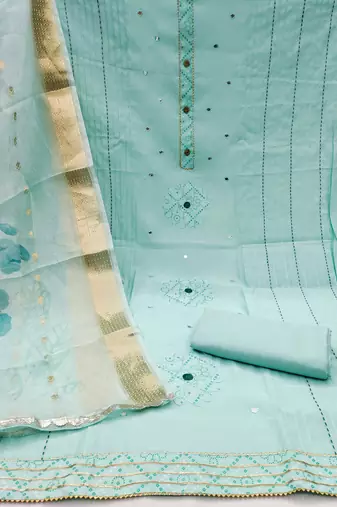 Women's sea green embroiderd pure cotton silk dress material