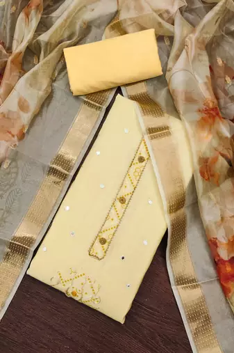 Women's light yellow embroiderd pure cotton silk dress material