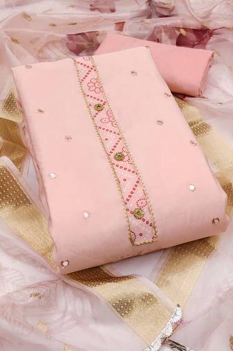Women's peach unstitched embroiderd pure cotton silk dress material 