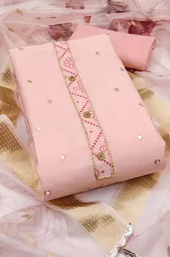 Women's peach unstitched embroiderd pure cotton silk dress material 