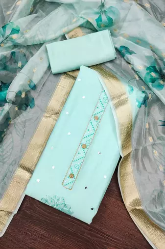 Women's sea green embroiderd pure cotton silk dress material