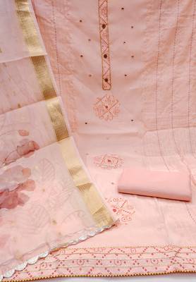 Women's peach embroiderd pure cotton silk dress material 2