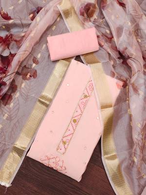 Women's peach embroiderd pure cotton silk dress material 3