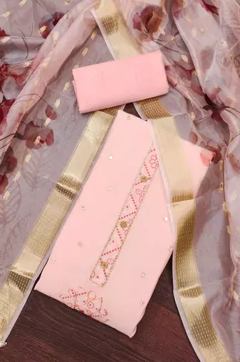 Women's peach embroiderd pure cotton silk dress material