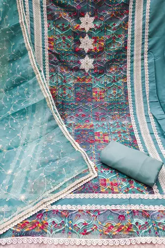 Women's multi embroiderd roman cotton silk dress material
