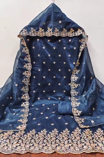 Women's teal blue embroiderd twill net dress material