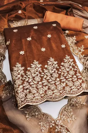 Women's rust unstitched embroiderd twill net dress material 