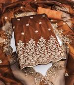 Women's rust embroiderd twill net dress material