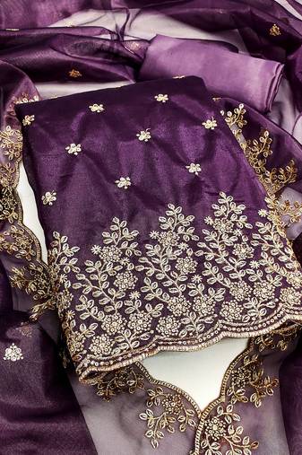 Women's purple unstitched embroiderd twill net dress material 