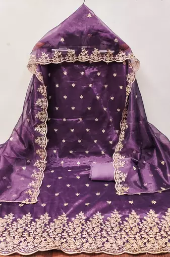 Women's purple embroiderd twill net dress material