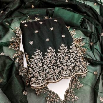 Women's green embroiderd twill net dress material 1