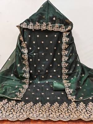 Women's green embroiderd twill net dress material 2