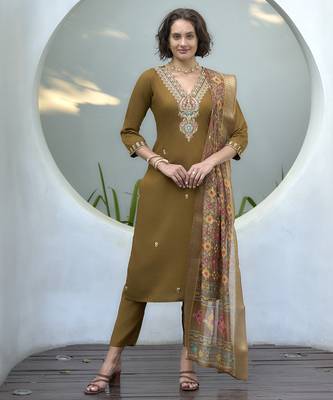 Women's Gorgeous Vatican Embroidery Straight Kurta with Pant And Dupatta Set 1