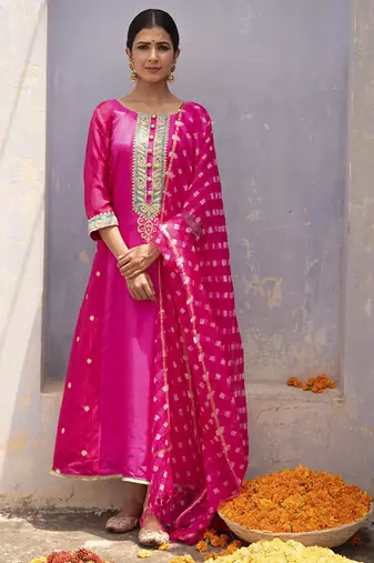 Rani pink embroidered silk kurta set