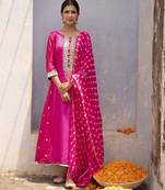 Rani pink embroidered silk kurta set