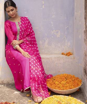 Rani pink embroidered silk kurta set 2