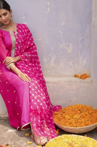Rani pink embroidered silk kurta set