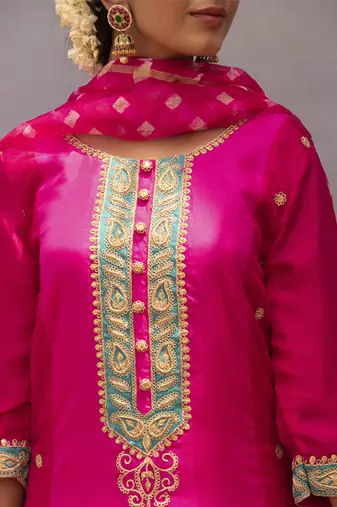Rani pink embroidered silk kurta set