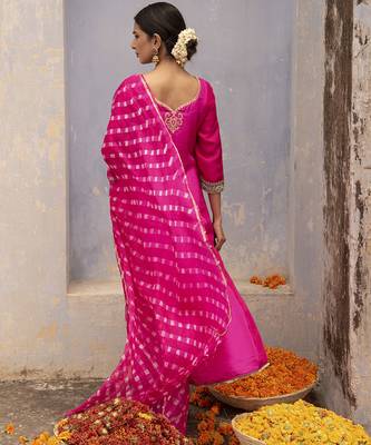 Rani pink embroidered silk kurta set 4
