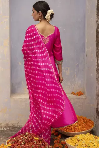 Rani pink embroidered silk kurta set