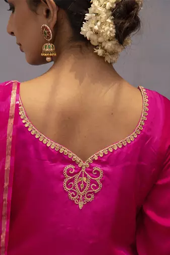 Rani pink embroidered silk kurta set