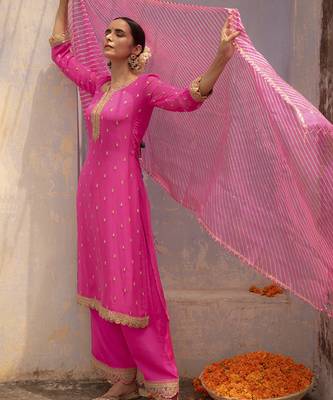 Hot pink embroidered georgette kurta set 1