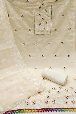 Women's white embroiderd chanderi cotton dress material 2
